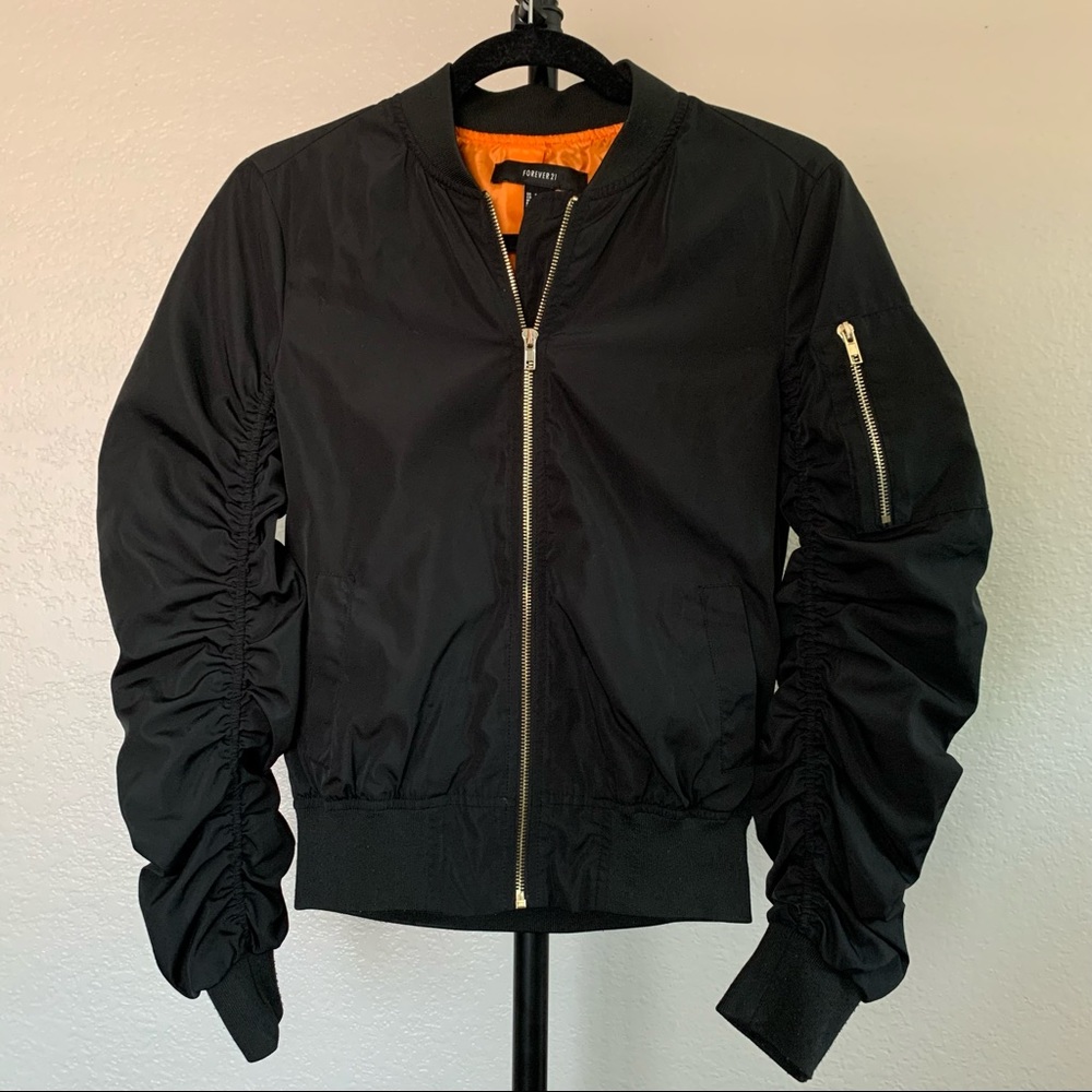 Forever 21 Women’s Black Nylon Bomber Jacket with Orange Interior